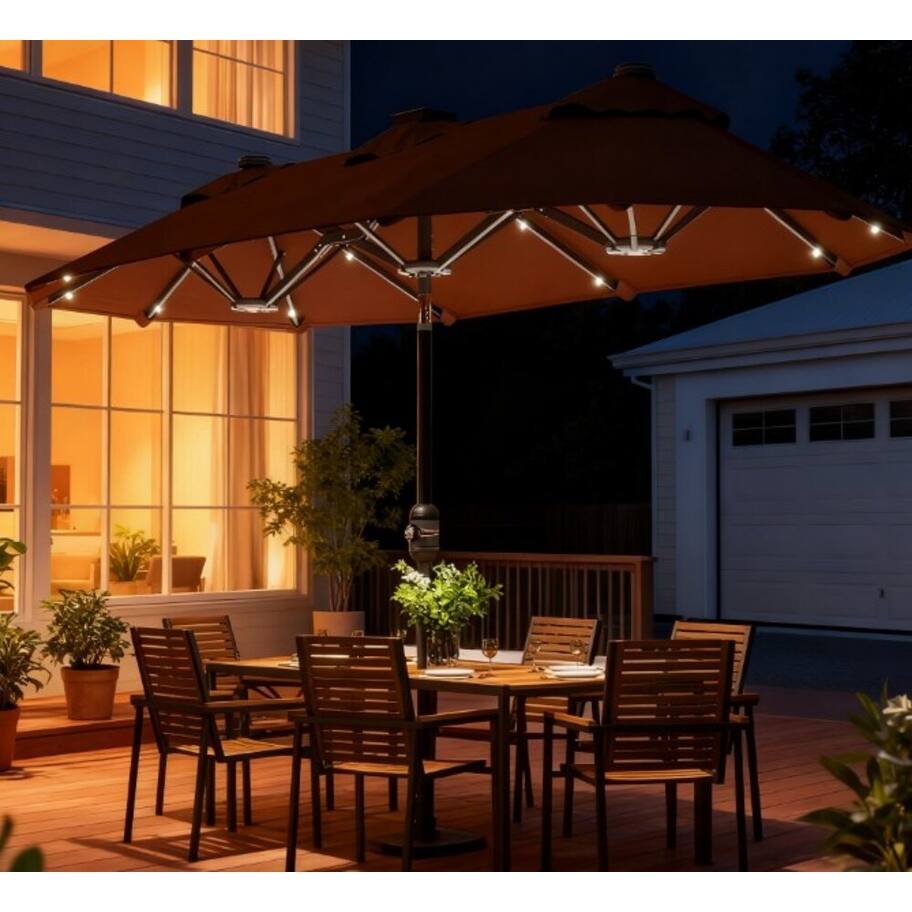 GDFStudio Outdoor Zephyra Solar-Powered Double Patio Umbrella with Tilt and Crank Design
