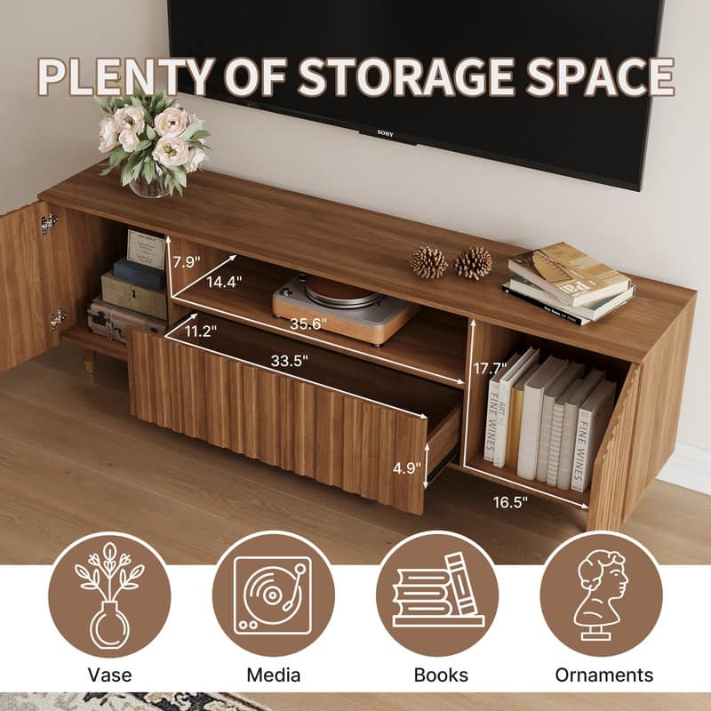 71" Mid-Century Modern Brown Wood Living Room TV Stand with Storage Cabinets & Open Shelves