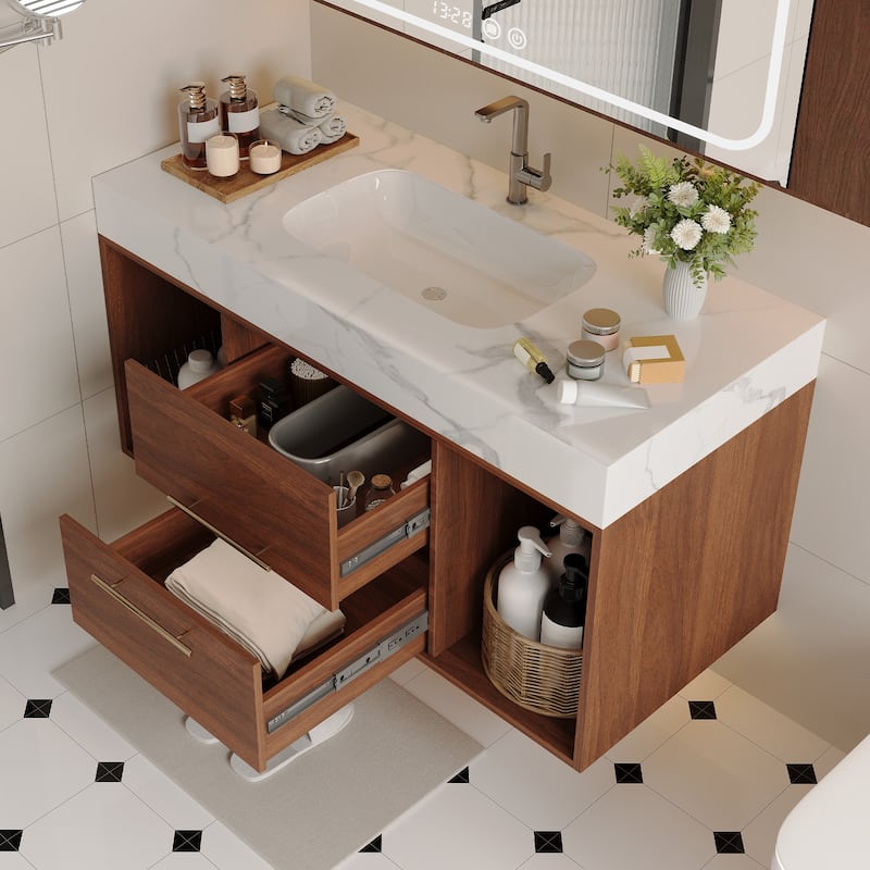 Modern Wall Mounted Bathroom Vanity Floating Storage Cabinet with Ceramic Sink, Faux Marble Countertop, Drawers and Open Shelves