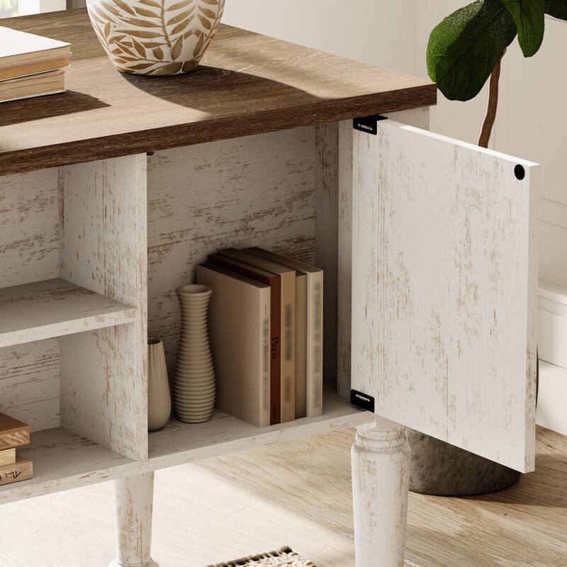 56'' Farmhouse Executive Desk with Drawers White/Oak - 5 Drawers and 2 Doors