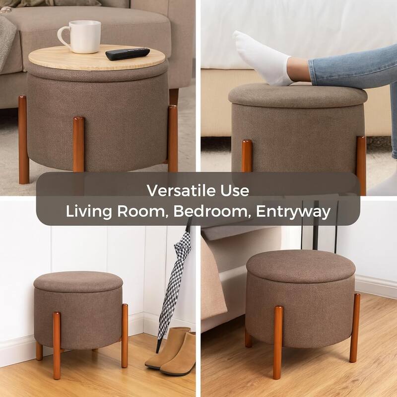 Modern Linen Ottoman with Pine Legs and Hidden Storage Flip Tray