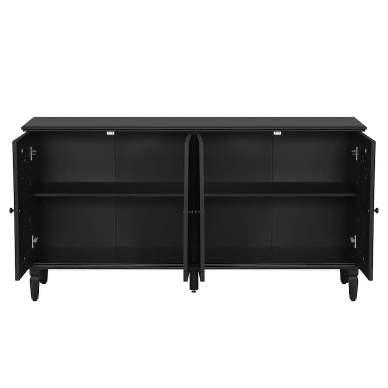 60 Inch Antique Buffet Cabinet with Floral Carvings,Solid Wood Legs &Adjustable Shelves