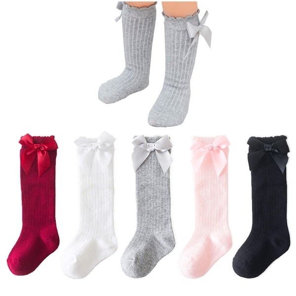 slide 2 of 7, CozyWay Toddler Knee High, Bow style, Black/White/Gray/Pink/Red - 5 pair