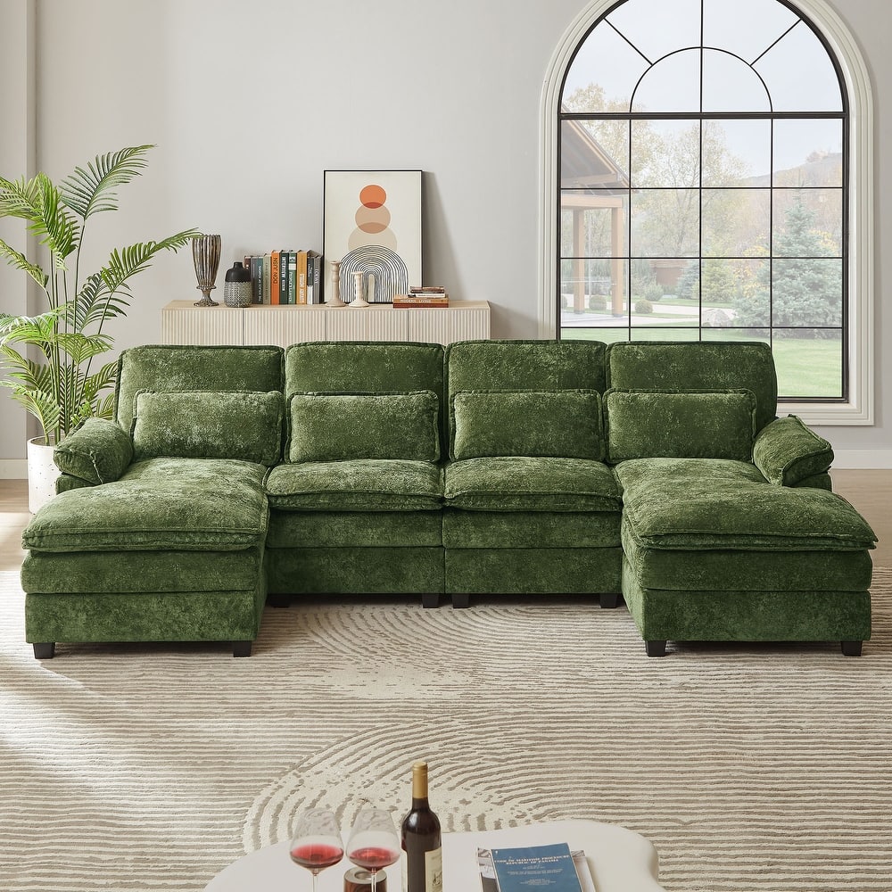 113" Chenillle U Shaped Sectional Sofa with Toss Pillows