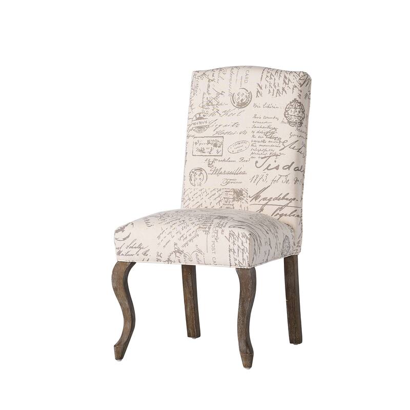 French Script Beige Linen Dining Chairs 2 Pack, Club Guest Office Chairs with Weathered Oak Legs, French Script Pattern Chairs
