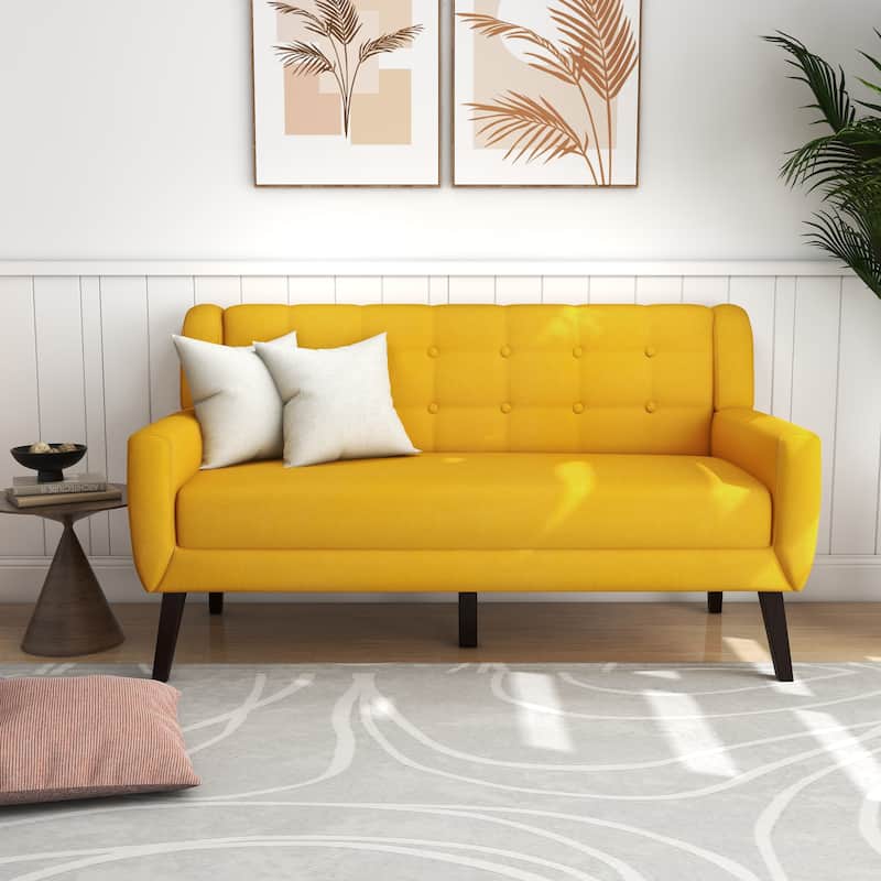 Tufted Linen/Cotton 2-Seater Sofa with Pillows - Yellow