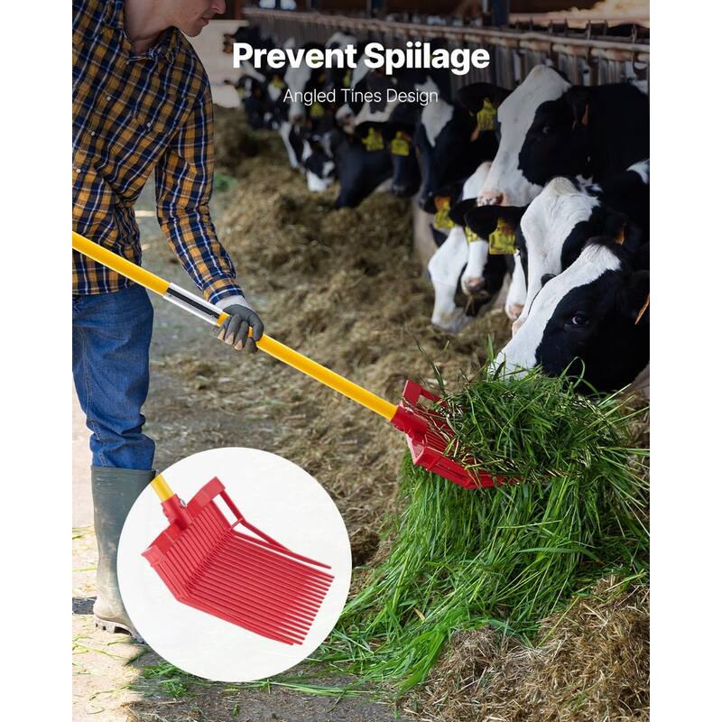 Yellow and Red Plastic Fiberglass Handle Horse Manure Fork with Angled Pointed Teeth - 61.02” L x 15.75” W