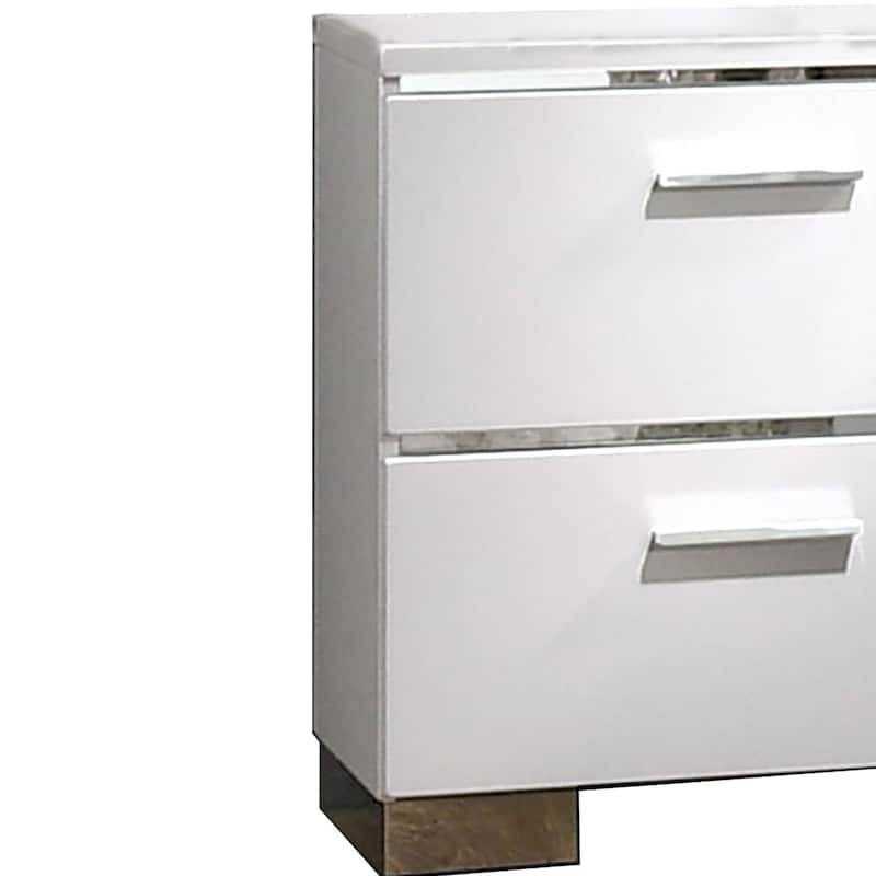 Wood and Metal Nightstand with 2 Drawers, White and Silver