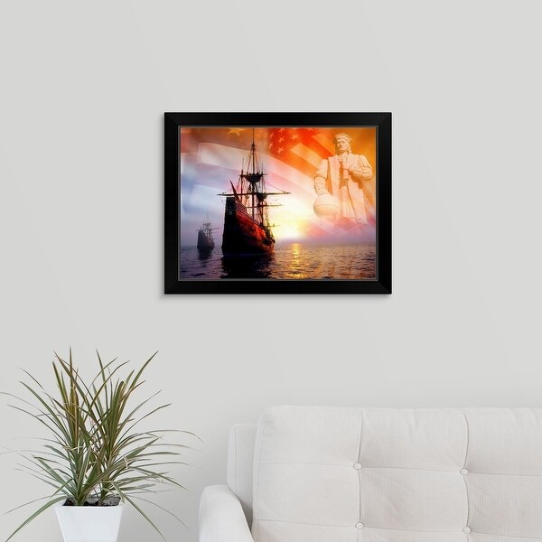 "Sailing ships, statue of Christopher Columbus and American flag" Black Framed Print