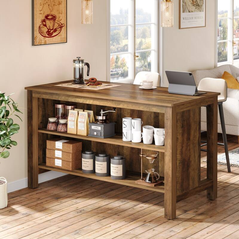 59-Inch Home Bar Table Unit Counter Height Pub Table with Storage - 27.56" D x 59" W x 35.43" H
