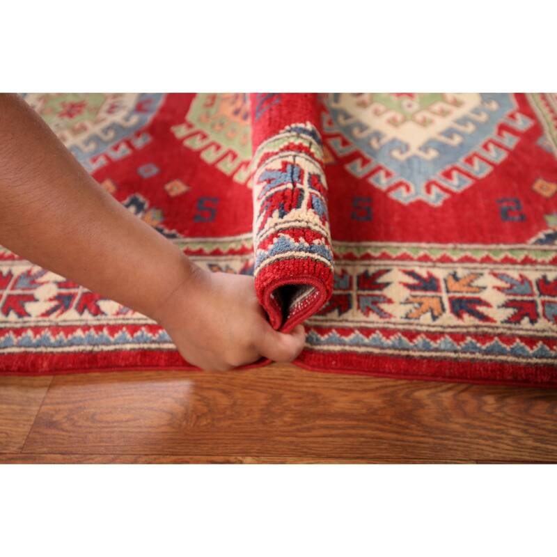 Geometric Kazak Accent Rug Hand-Knotted Red Wool Carpet - 3'4" x 4'7"