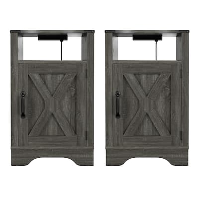Farmhouse Nightstand Side Table, Wooden Rustic End Table, Tall Bedside Table with Electrical Outlets Charging Station(2 Sets)