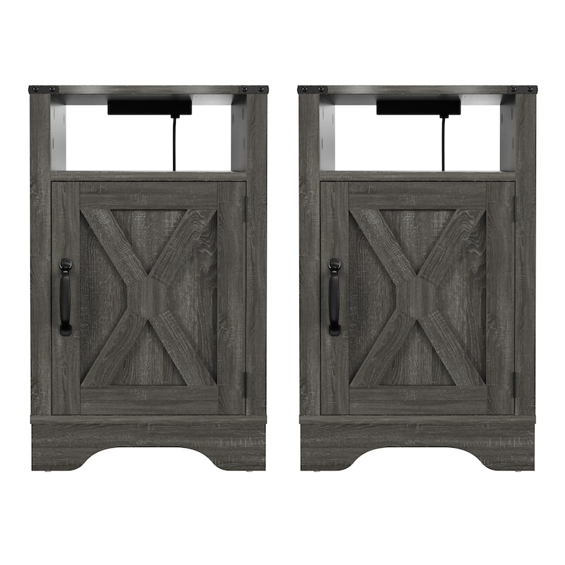 Rustic Wooden Nightstand with Charging Station & Storage - Dark Gray (2 Sets) - DARK GREY