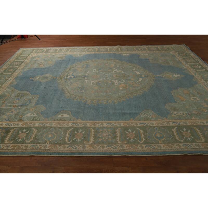 Hand Knotted Oriental 100% Wool Carpet Transitional Medallion Navy Blue & Blues Oushak Area Rug - 11' 11'' X 9' 2''