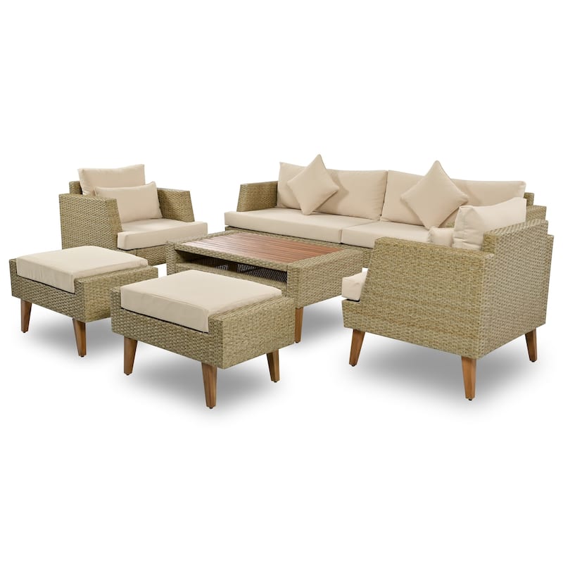 6-Piece PE Rattan Sofa Set with Cushions and Coffee Table