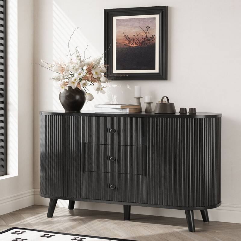 Fluted Sideboard Buffet Cabinet with Tambour Sliding Doors, Modern Coffee Bar Console with Storage & Adjustable Shelves