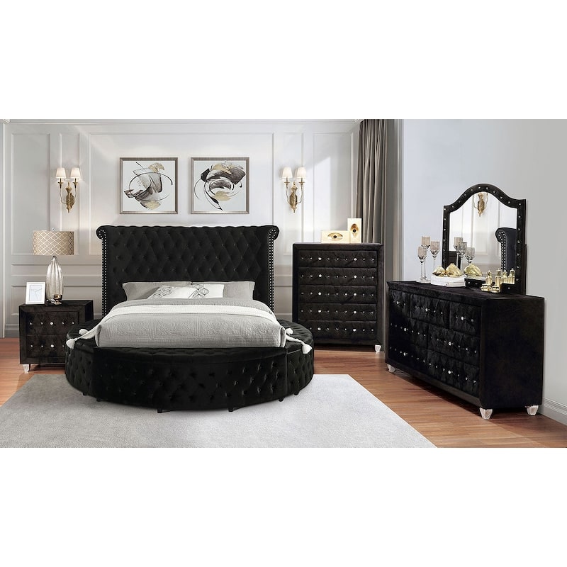 Glam Black Finish Bedroom Furniture Set with USB Port on Storage Round Bed