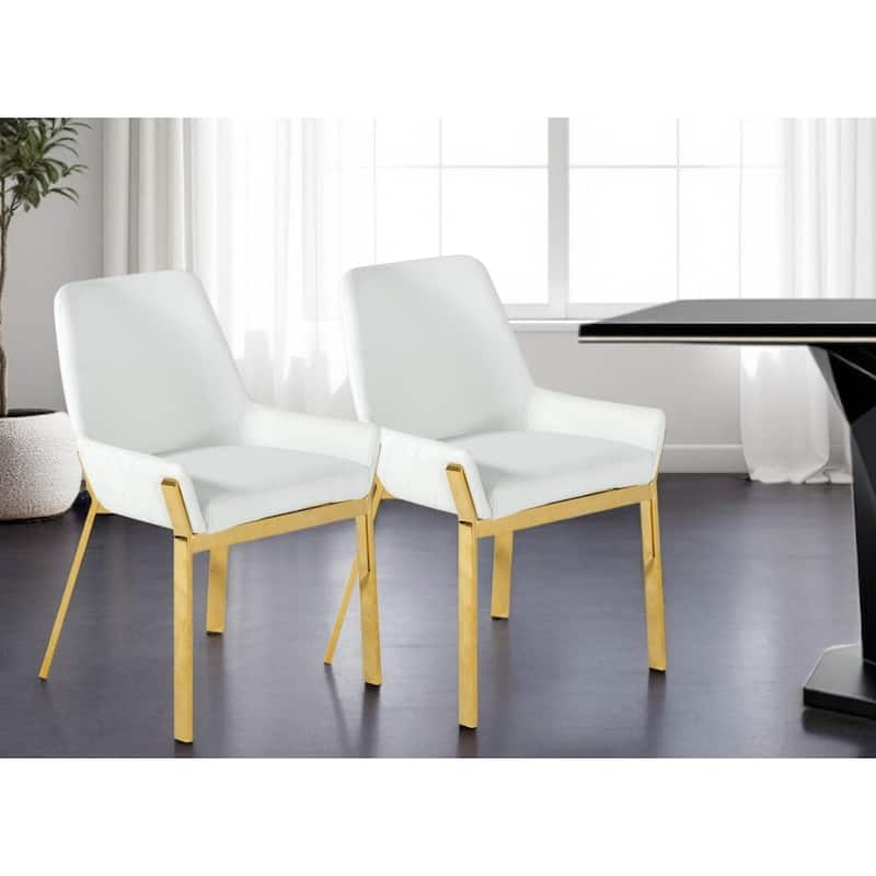 HomeRoots White And Gold Upholstered Faux Leather Dining Arm Chair
