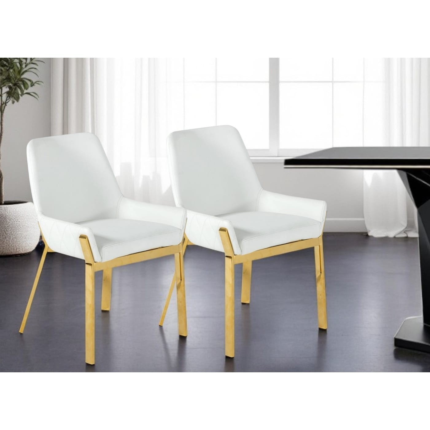 HomeRoots White And Gold Upholstered Faux Leather Dining Arm Chair
