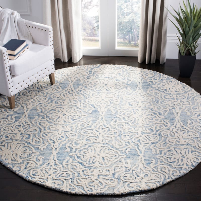 SAFAVIEH Handmade Blossom Mahalia Modern Floral Wool Rug - 4'x4'Round - Blue/Ivory