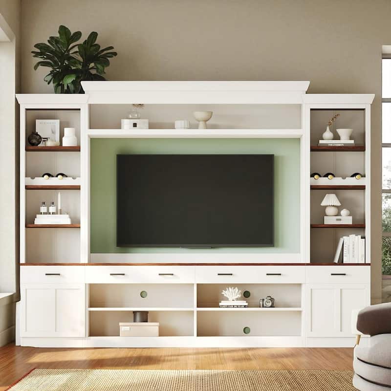 Farmhouse 4-Piece Entertainment Wall Unit for TVs up to 70", Walnut TV Stand with Bookshelves, Adjustable Shelves, Wine Rack - White