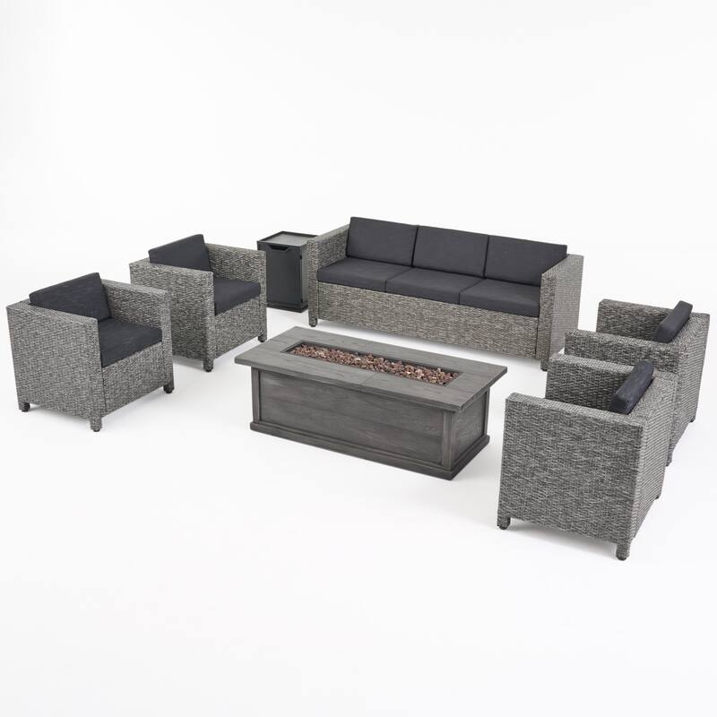 Gastman Outdoor 7 Seater Wicker Chat Set with Fire Pit by Christopher Knight Home
