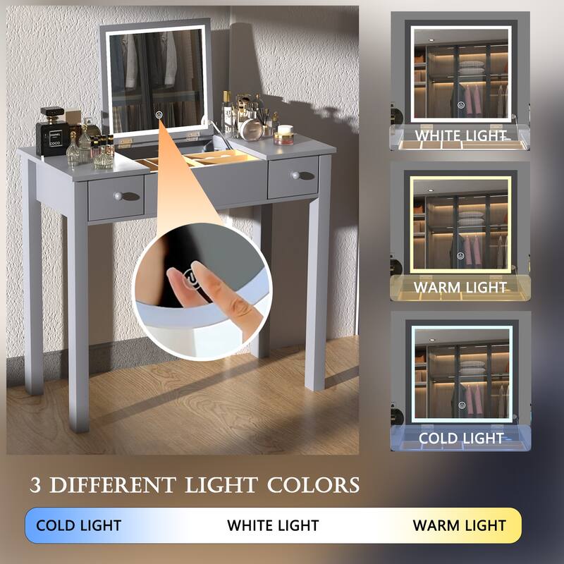 Small Flip Top Makeup Table with LED Lights, Mirror, 2 Drawers