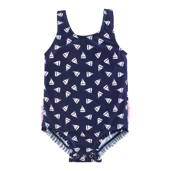 slide 1 of 1, Hudson Baby Girls Baby Swimsuit, Navy Sailboats 12-18 Months - Navy Sailboats Baby