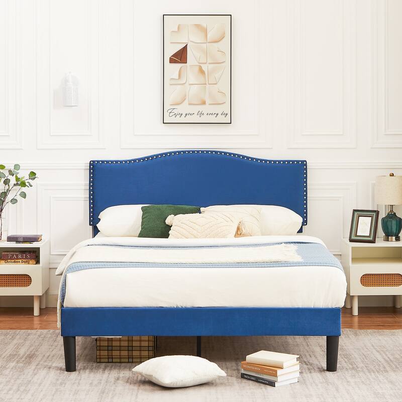 Javlergo Upholstered Platform Bed Frame with Adjustable Headboard, Strong Frame and Wooden Slats Support, Easy Assembly