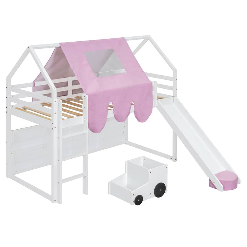 Twin Size Wooden Loft Bed House-shaped Frame with a Tent, Natural+Beige