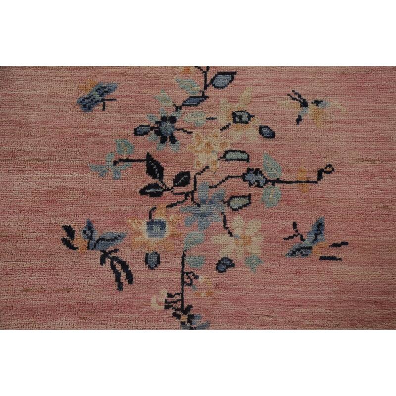 Pink Floral Oushak Vegetable Dye Runner Rug Hand-knotted Wool Carpet - 3'5"x 11'7"