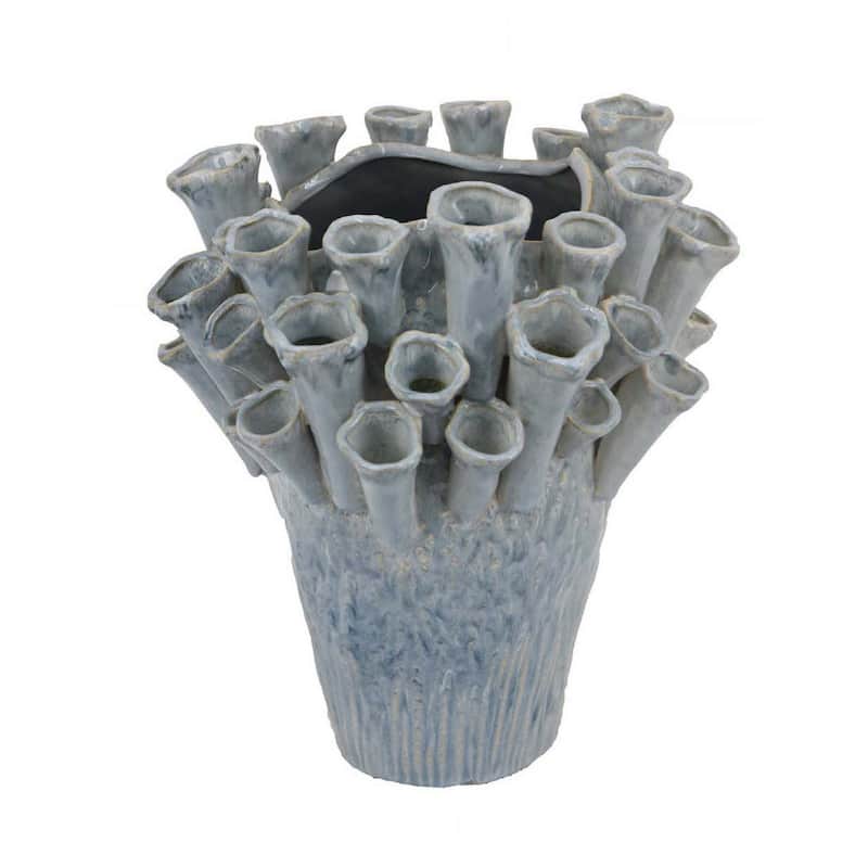 Decorative Vase, Coral Inspired Coastal Design, 13 Inch Blue Ceramic
