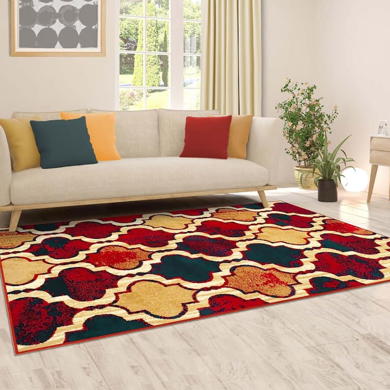 HomeRoots 8' X 10' Red Blue Quatrefoil Power Loom Distressed Area Rug - 8' x 10'