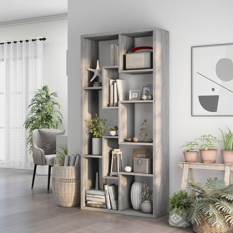 DH BASIC Modern 73-inch 8-Open Shelf Display Bookcase by Denhour - Vintage Grey Oak