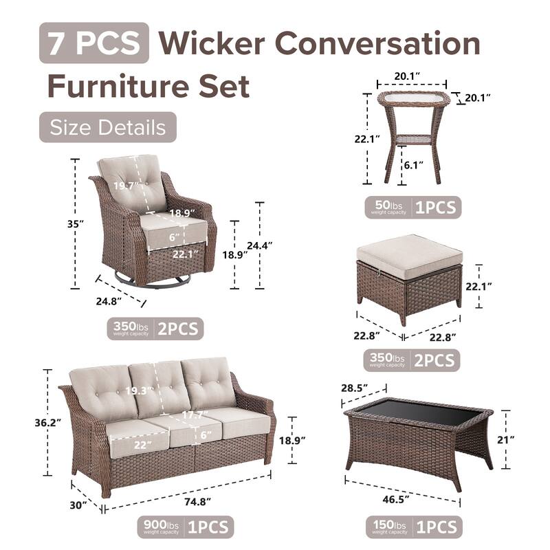 Gymojoy Wicker Patio Furniture Sofa Set, 6-Inch Ultra Thick Cushioned 360°Swivel Glider Chairs & Sofa Set