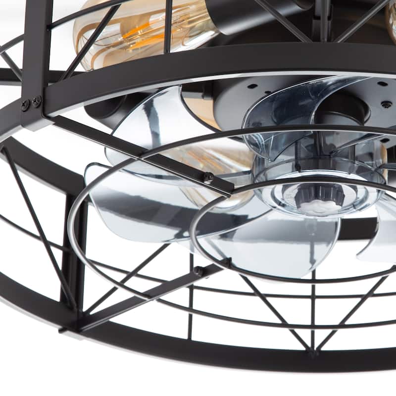 20" 7-Blade Matte Black Flush Mount Caged Ceiling Fan with Light and Remote