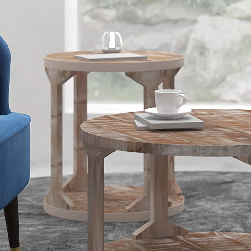 Two Tier Handmade Round End Table - 22" - Beige