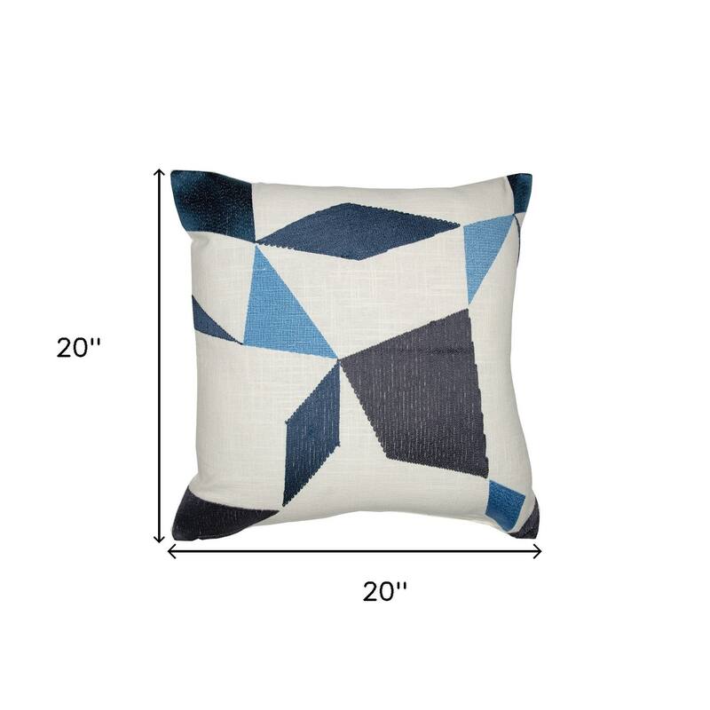 HomeRoots 20" Ivory and Blue Geometric Cotton Blend Throw Pillow With Embroidery