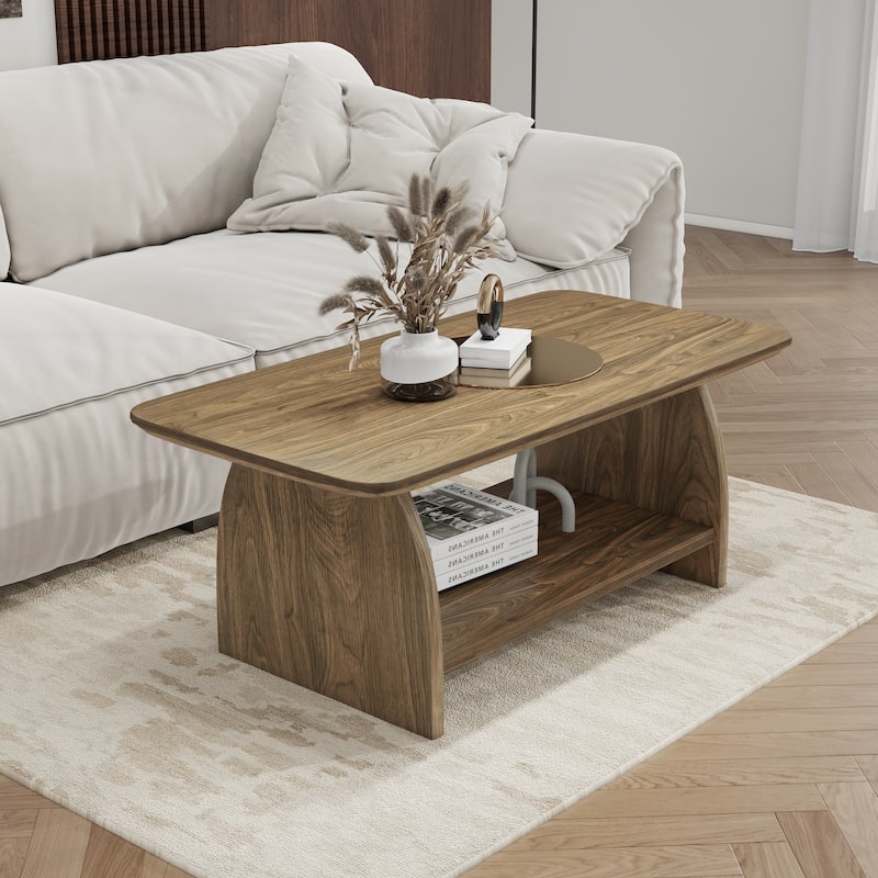 47 Inch Modern Living Room Coffee Table, Double-Layer Rectangular Coffee Table With Storage Function, Rounded Corner Design