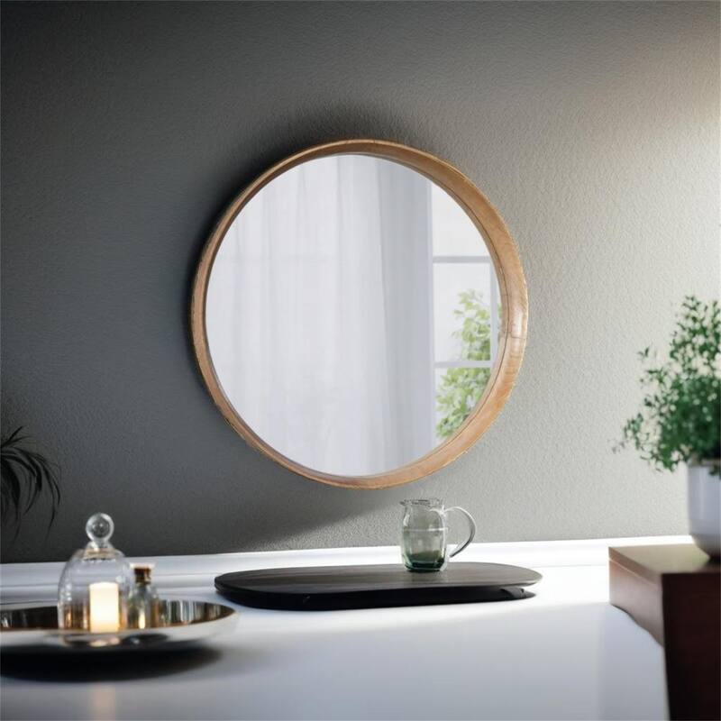Round Pine Wood Mirror - Brown