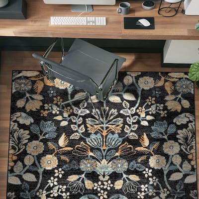 Black Multi Symmetrical Floral Stylish and Durable Area Rug