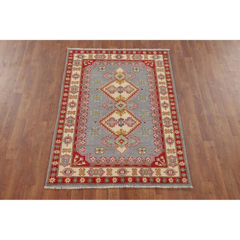 Gray Geometric Kazak Oriental Accent Rug Hand-Knotted Wool Carpet - 3'5" x 4'10"