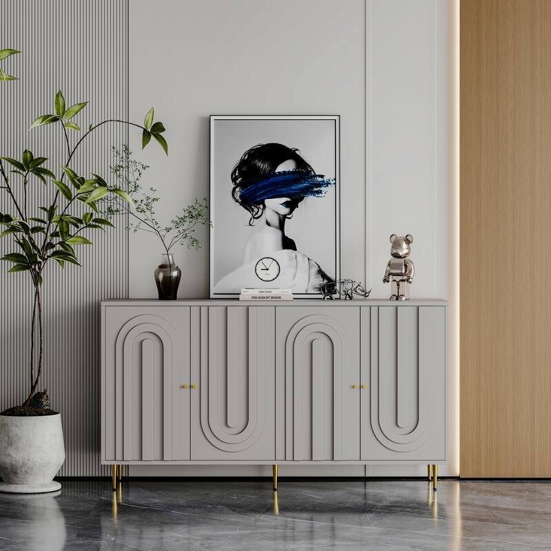 59.84" Grey Lacquered 4 Door Wooden Cabinet - 59.84 inches L x 15.75 inches W x 33.46 inches H