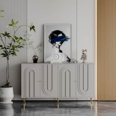 Modern MDF Cabinet with Adjustable Shelves, Matte Gray Finish and Gold Knobs for Stylish Home Storage