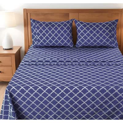 Four Piece Navy and White Quatrefoil Microfiber Full Double Sheet Set