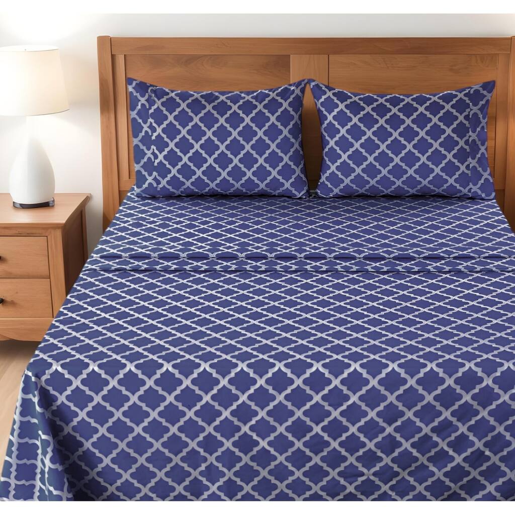 Four Piece Navy and White Quatrefoil Microfiber Queen Sheet Set