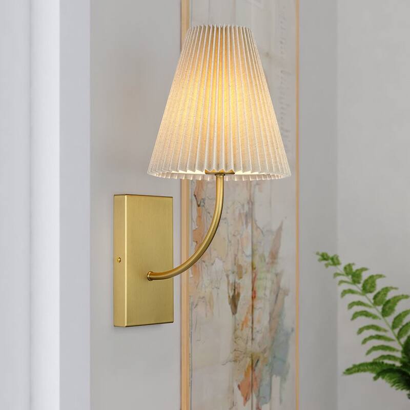 Mid-Century 1-Light Pleated Ivory Fabric Armed Wall Sconce