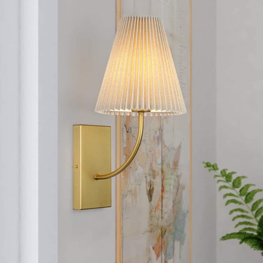 Mid-Century 1-Light Pleated Ivory Fabric Armed Wall Sconce