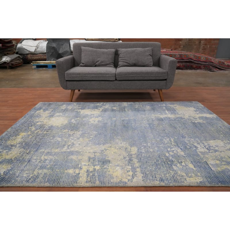 Hand Knotted Oriental Viscose Silk Carpet Modern All-Over Navy Blue & Blues Abstract Area Rug - 7' 8'' X 5' 6''