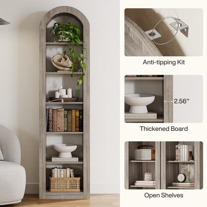 6-Tier Wooden Tall Bookshelf, 74.8 Inches Rustic Arched Bookcase